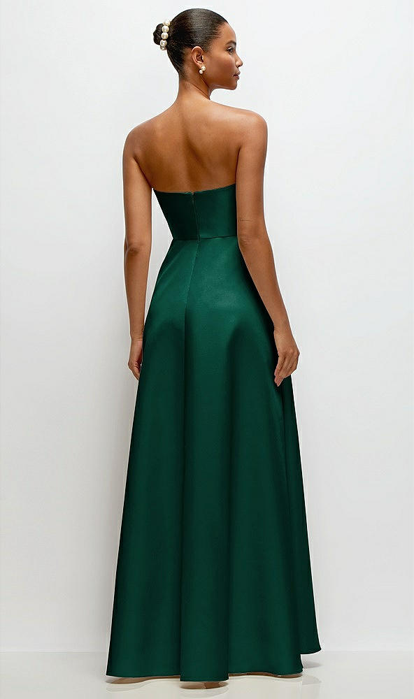 Back View - Hunter Green Strapless Draped Cat-Eye Satin Maxi Dress with Full Skirt