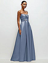 Front View Thumbnail - Larkspur Blue Strapless Draped Cat-Eye Satin Maxi Dress with Full Skirt