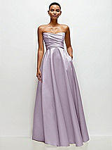 Side View Thumbnail - Lilac Haze Strapless Draped Cat-Eye Satin Maxi Dress with Full Skirt