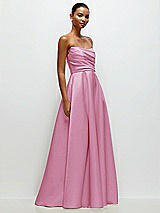 Front View Thumbnail - Powder Pink Strapless Draped Cat-Eye Satin Maxi Dress with Full Skirt