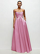 Side View Thumbnail - Powder Pink Strapless Draped Cat-Eye Satin Maxi Dress with Full Skirt