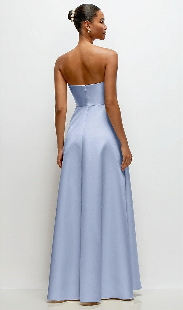 Back View - Sky Blue Strapless Draped Cat-Eye Satin Maxi Dress with Full Skirt