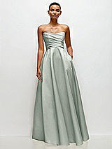 Side View Thumbnail - Willow Green Strapless Draped Cat-Eye Satin Maxi Dress with Full Skirt