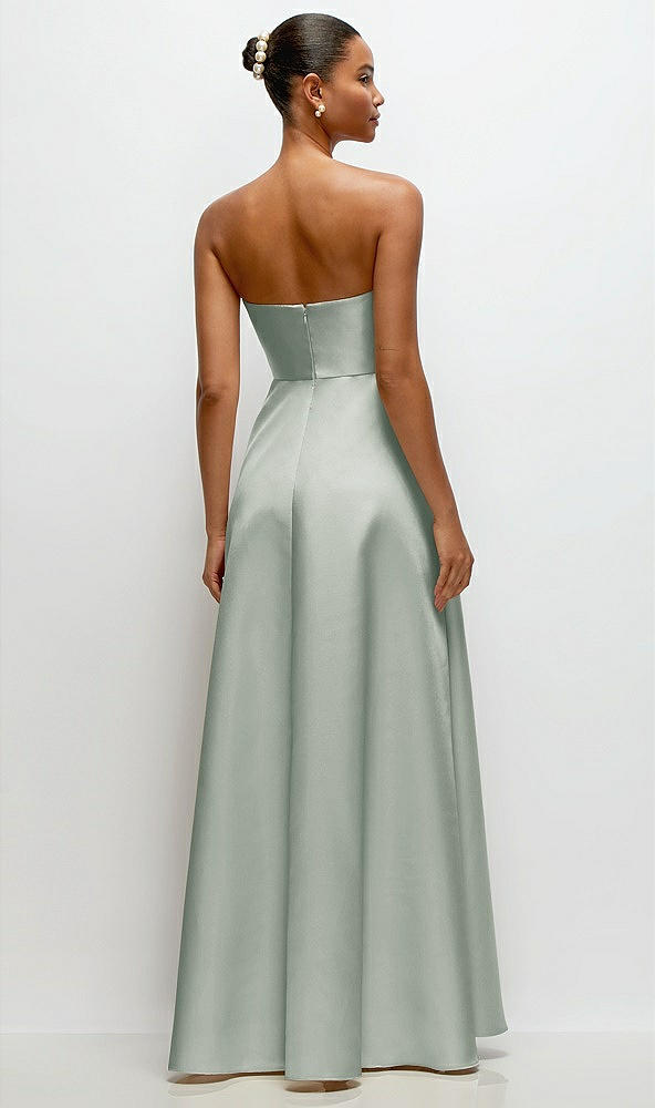 Back View - Willow Green Strapless Draped Cat-Eye Satin Maxi Dress with Full Skirt