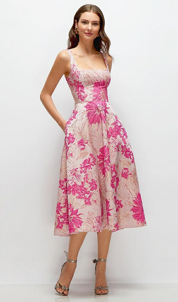 Front View - Hibiscus Pink Multi Hibiscus Pink Square Neck Floral Jacquard Midi Dress