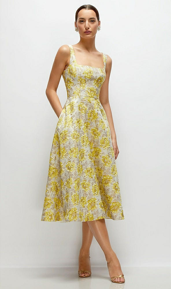 Front View - Golden Yellow Golden Yellow Square Neck Floral Jacquard Midi Dress