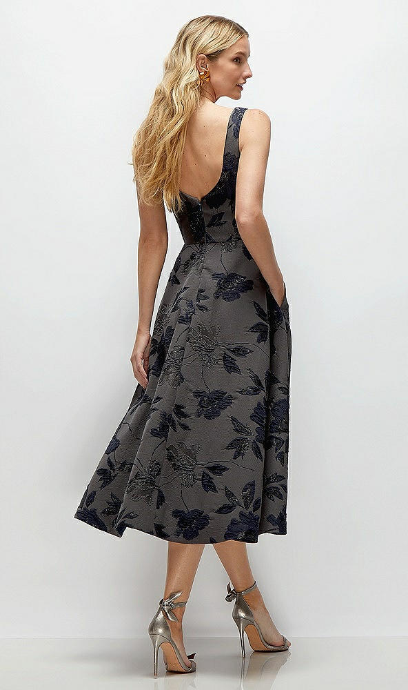 Back View - Noir Midnight Navy Noir Midnight Navy Square Neck Floral Metallic Jacquard Midi Dress