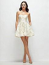 Front View Thumbnail - Ivory Gold Rosette Strapless Cat-Eye Corset Ivory Gold Gilt Rosette Brocade Mini Dress with Ruffle Hem