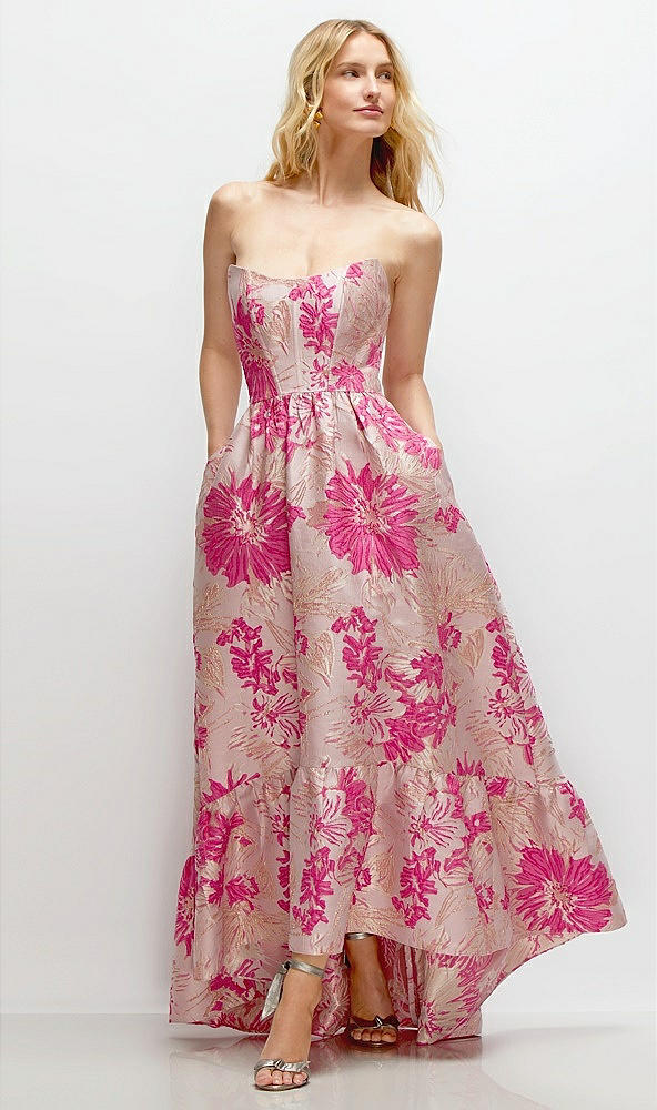 Front View - Hibiscus Pink Multi Strapless Cat-Eye Corset Hibiscus Pink Floral Jacquard High-Low Dress with Ruffle Hem