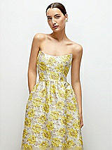 Alt View 1 Thumbnail - Golden Yellow Golden Yellow Strapless Cat-Eye Floral Jacquard Corset High-Low Dress with Ruffle Hem