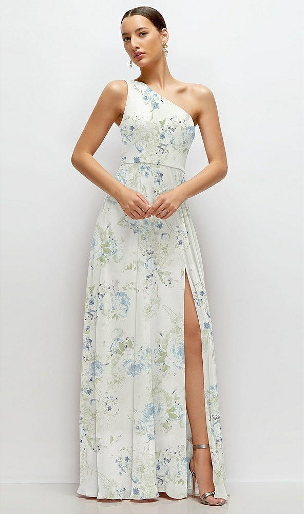 Front View - Bleu Garden Chiffon One-Shoulder Maxi Dress with Circle Skirt