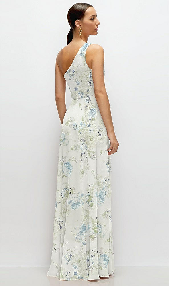 Back View - Bleu Garden Chiffon One-Shoulder Maxi Dress with Circle Skirt