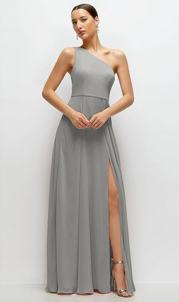 Front View - Chelsea Gray Chiffon One-Shoulder Maxi Dress with Circle Skirt