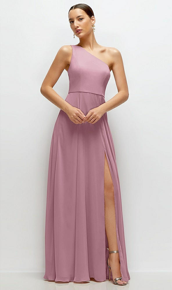 Front View - Dusty Pink Chiffon One-Shoulder Maxi Dress with Circle Skirt