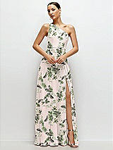 Front View Thumbnail - Palm Beach Print Chiffon One-Shoulder Maxi Dress with Circle Skirt