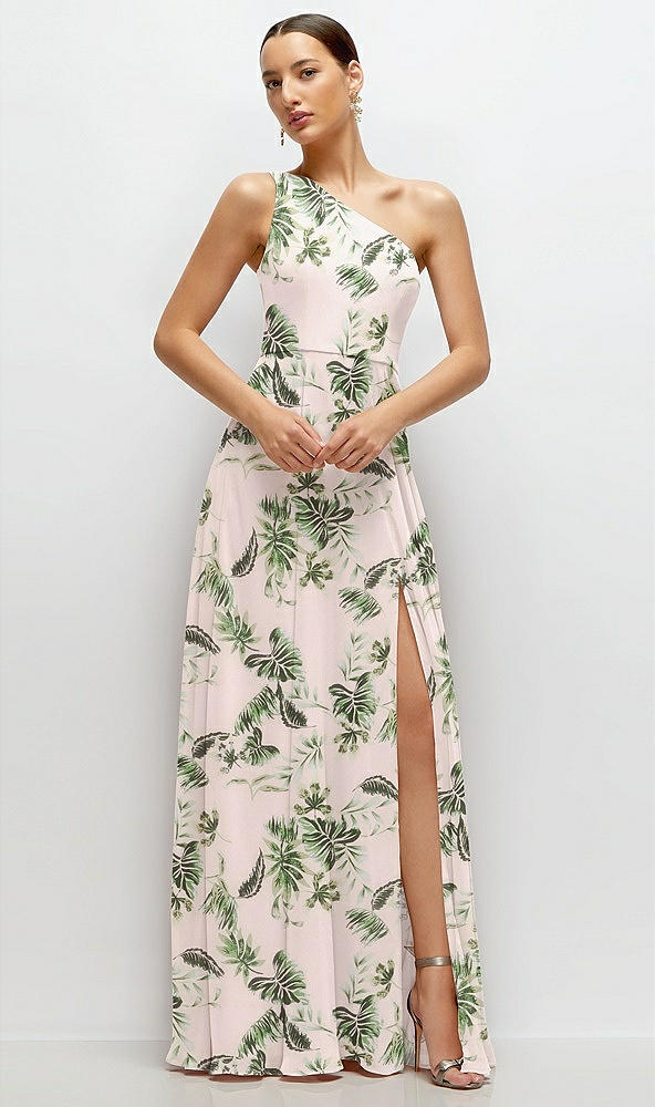 Front View - Palm Beach Print Chiffon One-Shoulder Maxi Dress with Circle Skirt