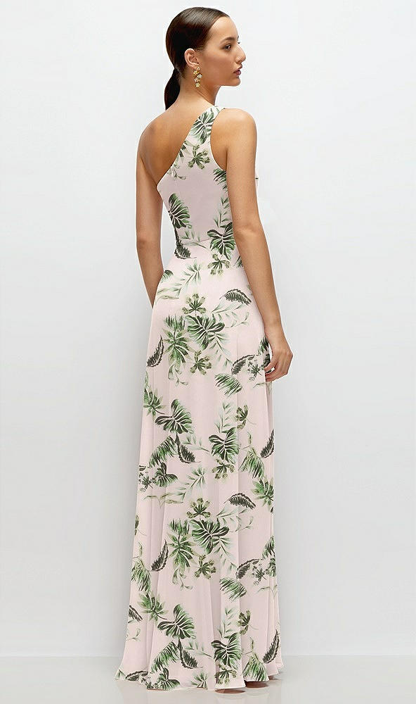 Back View - Palm Beach Print Chiffon One-Shoulder Maxi Dress with Circle Skirt