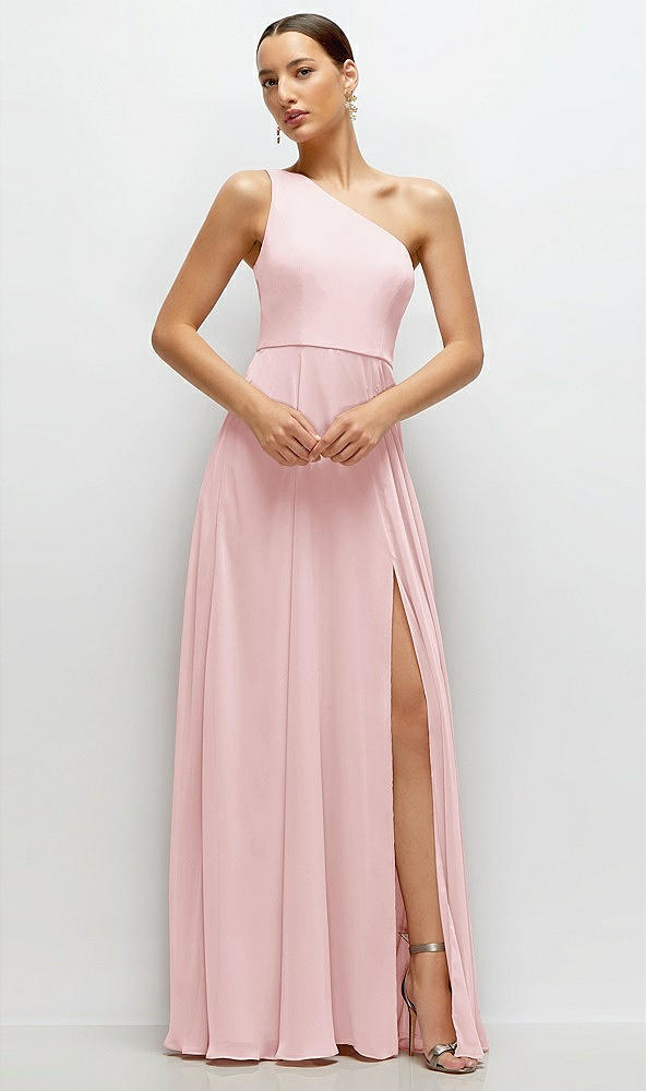 Front View - Ballet Pink Chiffon One-Shoulder Maxi Dress with Circle Skirt