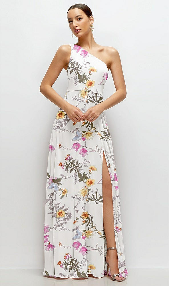 Front View - Butterfly Botanica Ivory Chiffon One-Shoulder Maxi Dress with Circle Skirt