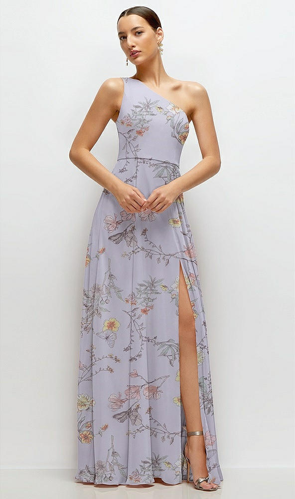 Front View - Butterfly Botanica Silver Dove Chiffon One-Shoulder Maxi Dress with Circle Skirt