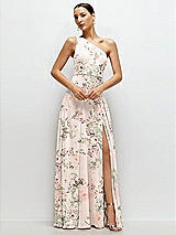 Front View Thumbnail - Blush Garden Chiffon One-Shoulder Maxi Dress with Circle Skirt