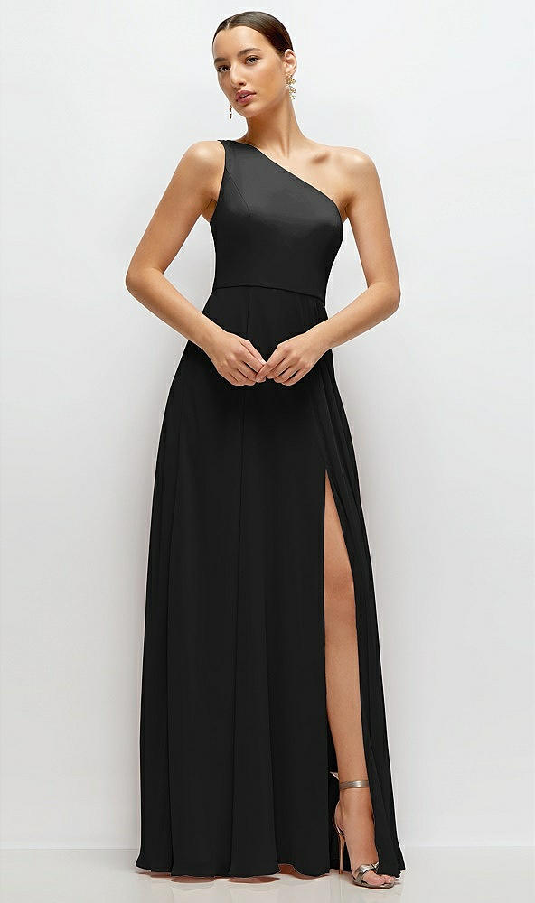 Front View - Black Chiffon One-Shoulder Maxi Dress with Circle Skirt