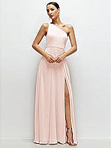 Front View Thumbnail - Blush Chiffon One-Shoulder Maxi Dress with Circle Skirt