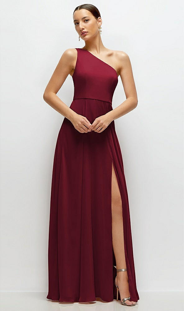 Front View - Burgundy Chiffon One-Shoulder Maxi Dress with Circle Skirt