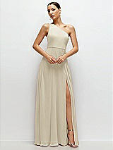 Front View Thumbnail - Champagne Chiffon One-Shoulder Maxi Dress with Circle Skirt