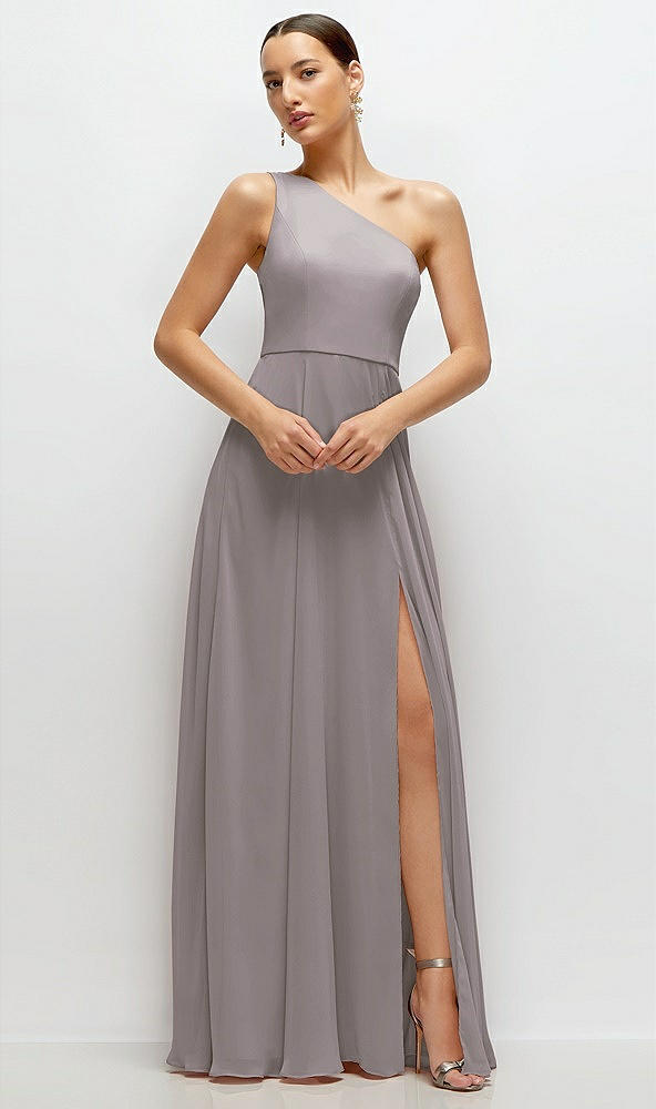 Front View - Cashmere Gray Chiffon One-Shoulder Maxi Dress with Circle Skirt