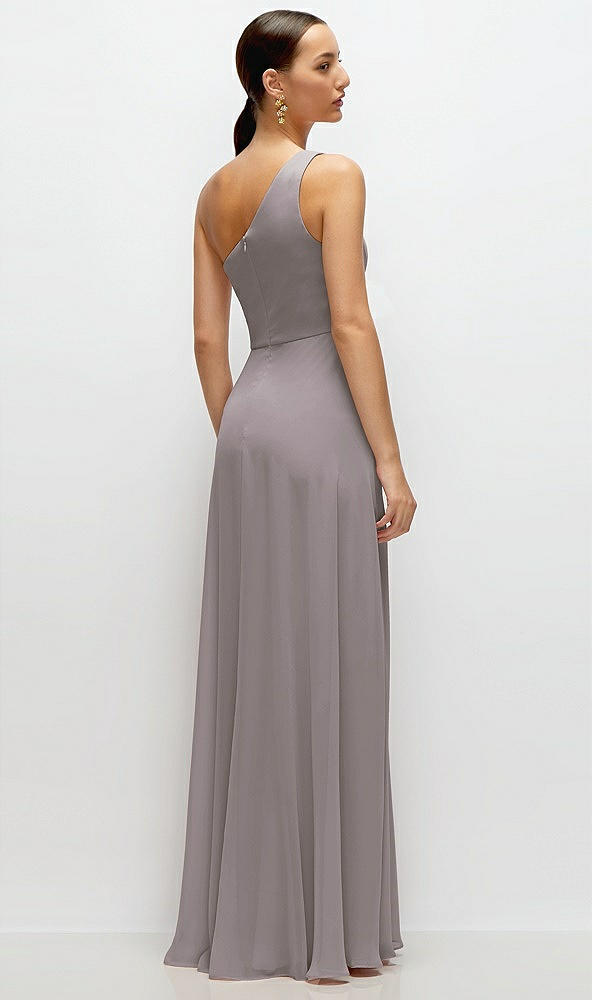 Back View - Cashmere Gray Chiffon One-Shoulder Maxi Dress with Circle Skirt