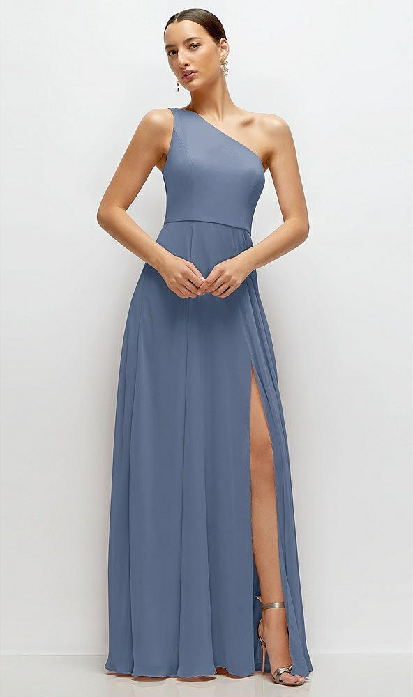 Front View - Larkspur Blue Chiffon One-Shoulder Maxi Dress with Circle Skirt