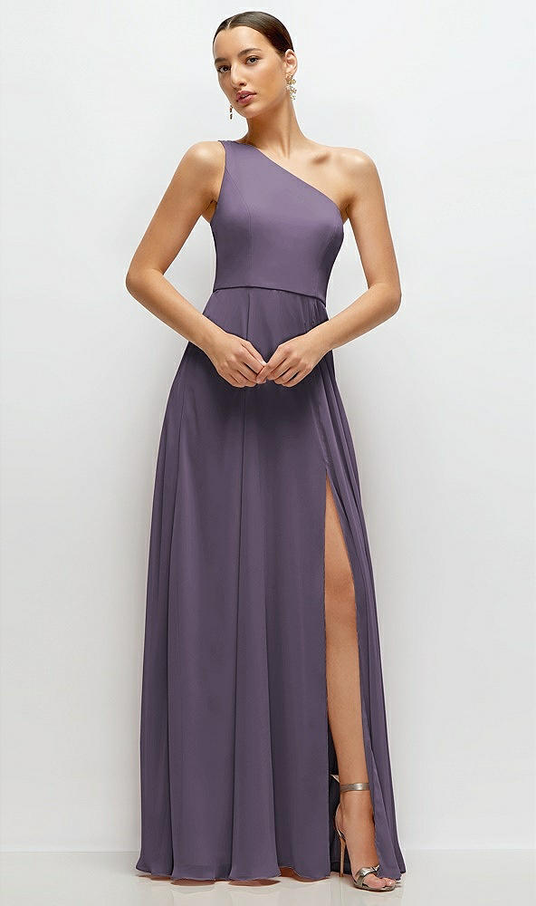 Front View - Lavender Chiffon One-Shoulder Maxi Dress with Circle Skirt