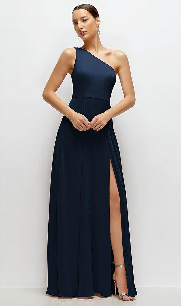 Front View - Midnight Navy Chiffon One-Shoulder Maxi Dress with Circle Skirt