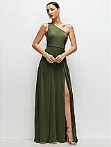 Front View Thumbnail - Olive Green Chiffon One-Shoulder Maxi Dress with Circle Skirt