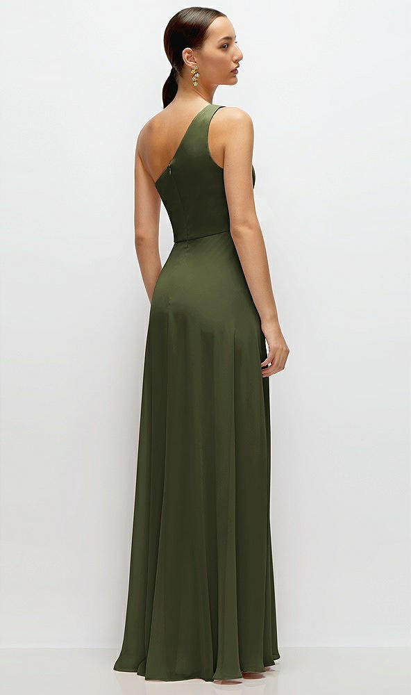 Back View - Olive Green Chiffon One-Shoulder Maxi Dress with Circle Skirt