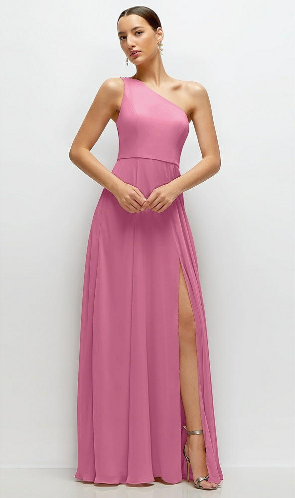 Front View - Orchid Pink Chiffon One-Shoulder Maxi Dress with Circle Skirt