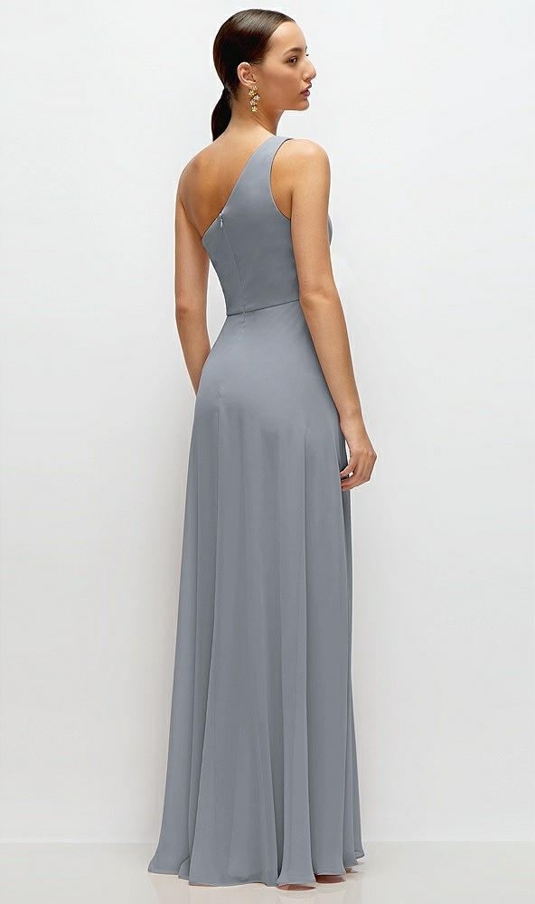 Back View - Platinum Chiffon One-Shoulder Maxi Dress with Circle Skirt