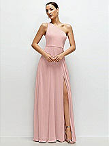 Front View Thumbnail - Rose - PANTONE Rose Quartz Chiffon One-Shoulder Maxi Dress with Circle Skirt