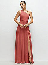 Front View Thumbnail - Coral Pink Chiffon One-Shoulder Maxi Dress with Circle Skirt