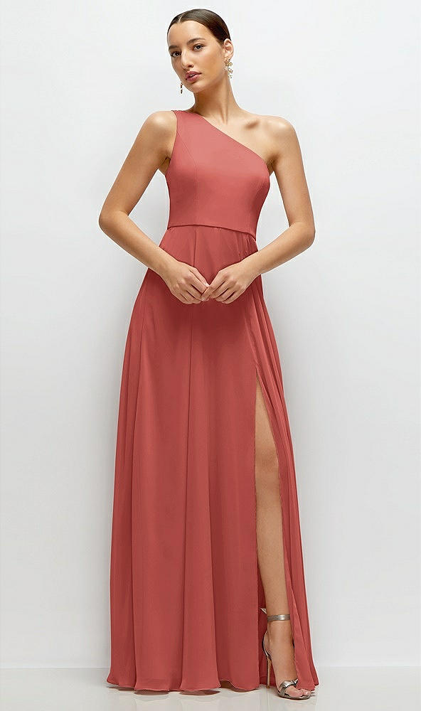 Front View - Coral Pink Chiffon One-Shoulder Maxi Dress with Circle Skirt