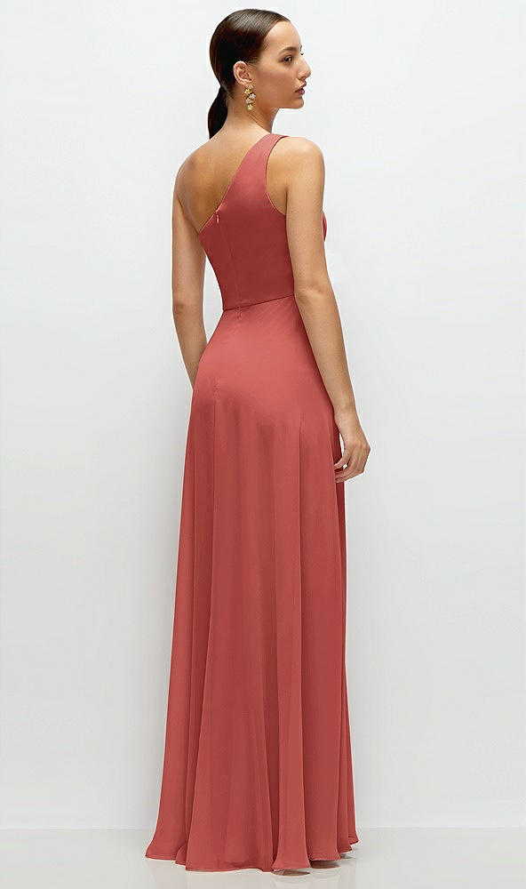 Back View - Coral Pink Chiffon One-Shoulder Maxi Dress with Circle Skirt