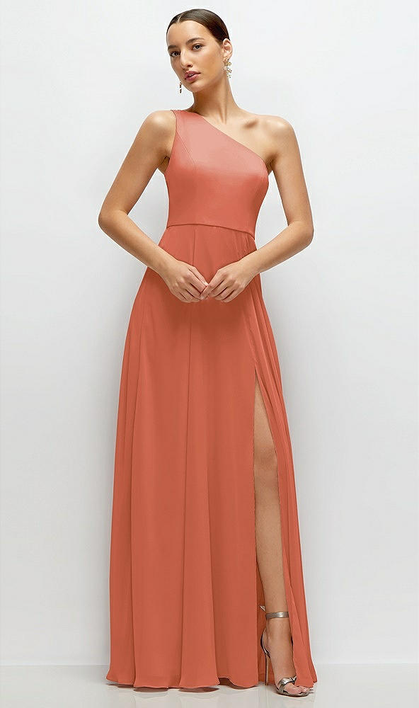 Front View - Terracotta Copper Chiffon One-Shoulder Maxi Dress with Circle Skirt