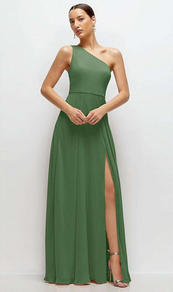 Front View - Vineyard Green Chiffon One-Shoulder Maxi Dress with Circle Skirt