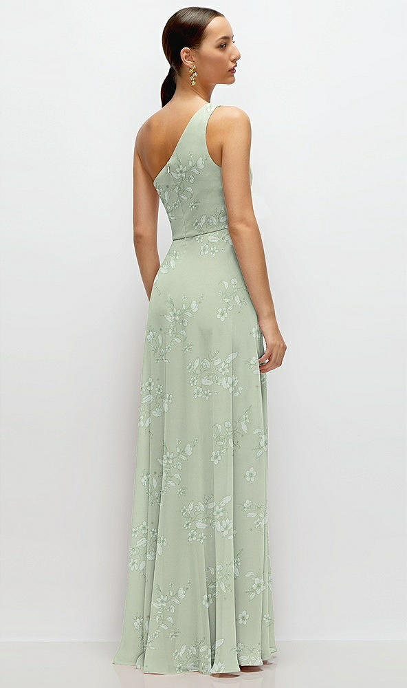 Back View - Vintage Primrose Sage Chiffon One-Shoulder Maxi Dress with Circle Skirt