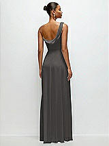 Rear View Thumbnail - Caviar Gray Chiffon One-Shoulder Maxi Dress with Draped Cowl Neckline