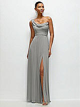 Front View Thumbnail - Chelsea Gray Chiffon One-Shoulder Maxi Dress with Draped Cowl Neckline