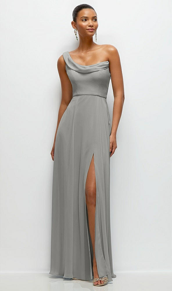 Front View - Chelsea Gray Chiffon One-Shoulder Maxi Dress with Draped Cowl Neckline