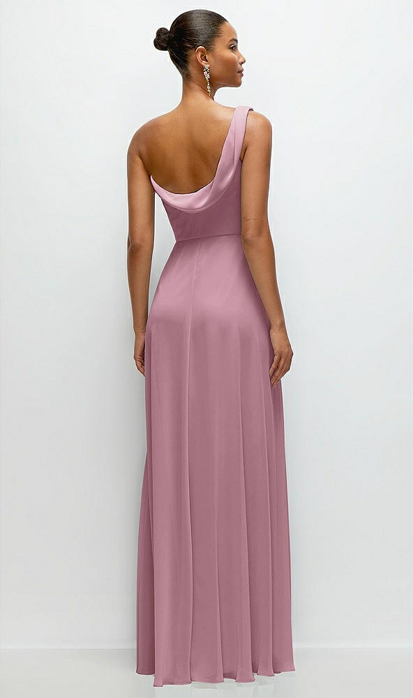 Back View - Dusty Pink Chiffon One-Shoulder Maxi Dress with Draped Cowl Neckline