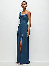 Side View Thumbnail - Dusk Blue Chiffon One-Shoulder Maxi Dress with Draped Cowl Neckline